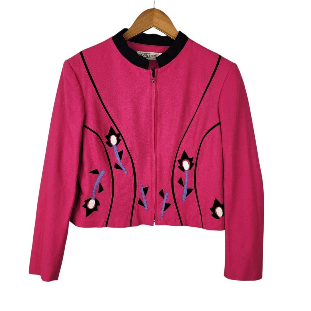 Vintage Canvas Backs Wool Blazer Jacket size 10 Petite Crop Bright Pink Floral